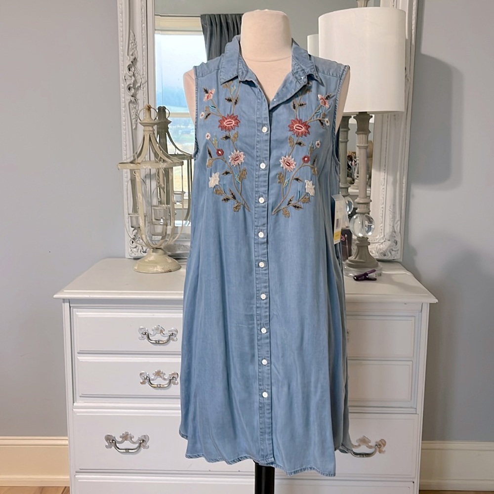 Terre Bleue Summer Embroider Midi Denim Look Dress Casual Lightweight Womens S